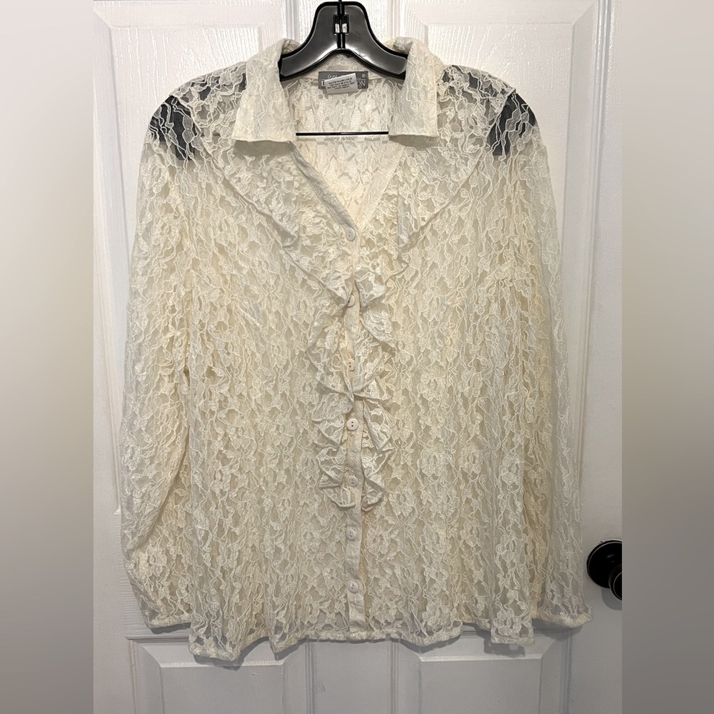 ULLA POPKEN Inspiration Vintage Ivory Lace Long Sleeve Ruffle Button Down Top